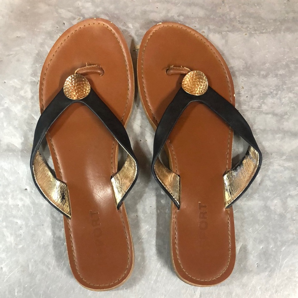 REPORT worn once black flip flops with gold detail ~ size 8.5